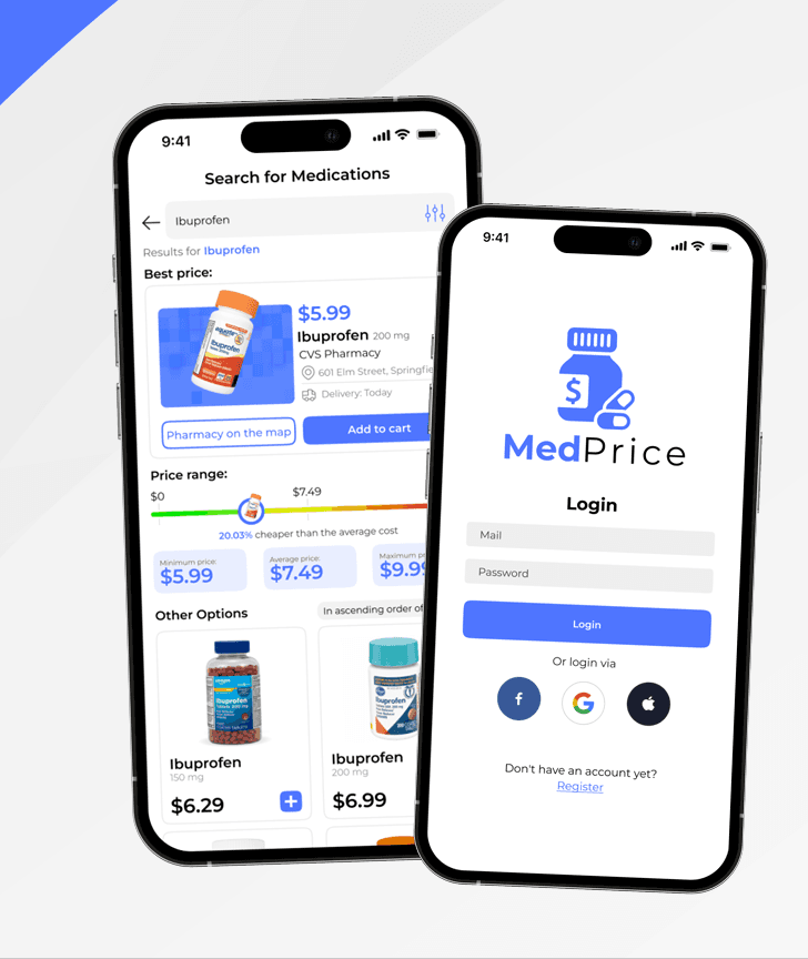 Two smartphones displaying the MedPrice app showing medication price comparisons and a user login screen.